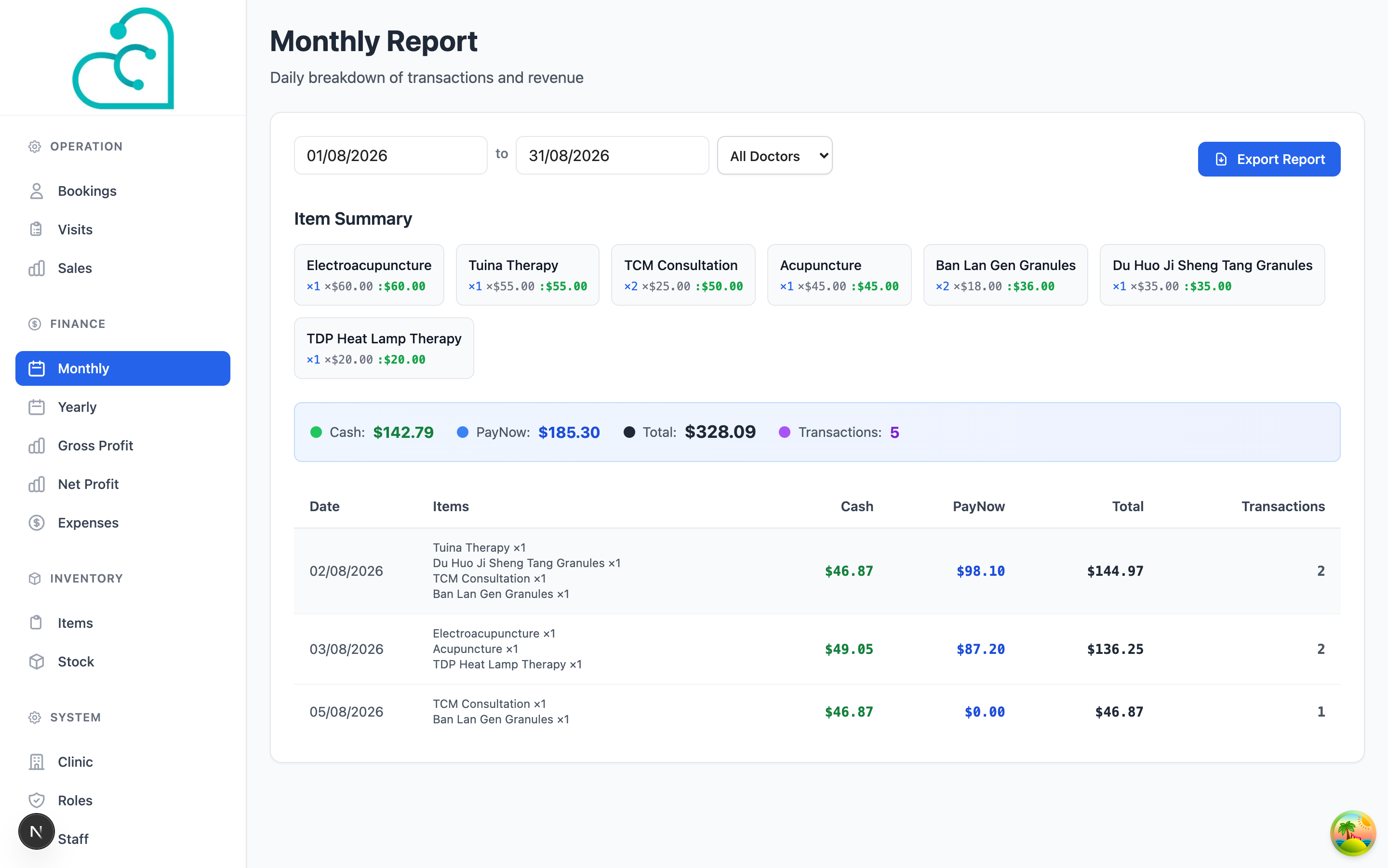 myClinic monthly revenue report screen