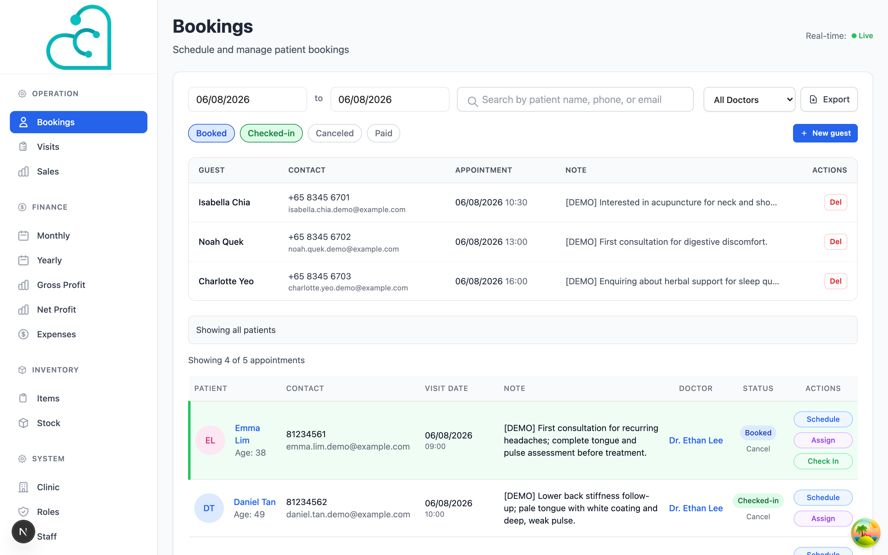 myClinic bookings and patient management screen